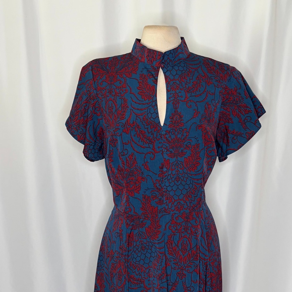 UNIQUE VINTAGE 1950s Damask Baltimore Swing Dress Blue Red Retro Pinup X-Large - Picture 4 of 13